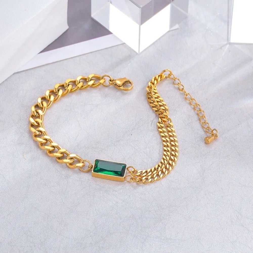 HIGH Quality Simple Hip-Hop Titanium Steel Green Square Zircon Bracelet